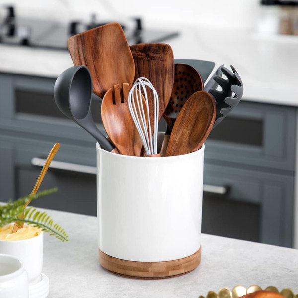 Nucookery 360° Rotating Utensil Holder, 7.2" Large Utensil Crock, White Ceramic Cooking Utensil Organizer with Countertop-Protection Cork Bottom for Farmhouse Kitchen Decor Christmas Gift (White)