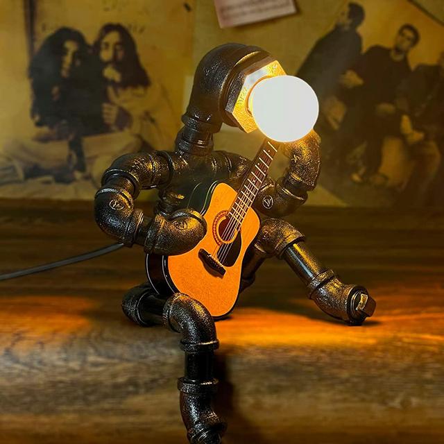 Steampunk Table Lamp, Retro Guitar Desk Lamp with Edison Bulb, Unique Music Art Room Decor Stuff Gifts for Men Cave, Cool Industrial Metal Pipe Robot Lights, Fun Birthday Gift for Any Music Lover