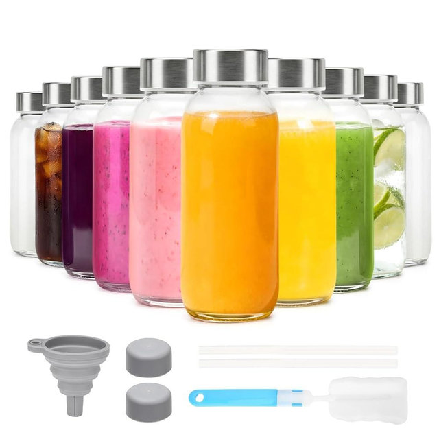 Luxfuel Glass Juice Bottles with Lid 12 oz, 10 Pack Reusable Glass Water Bottles with Stainless Steel Cap & Straws, BPA Free, Leak Proof Juice Bottle Containers for Juicing, Smoothies & Fridge Storage