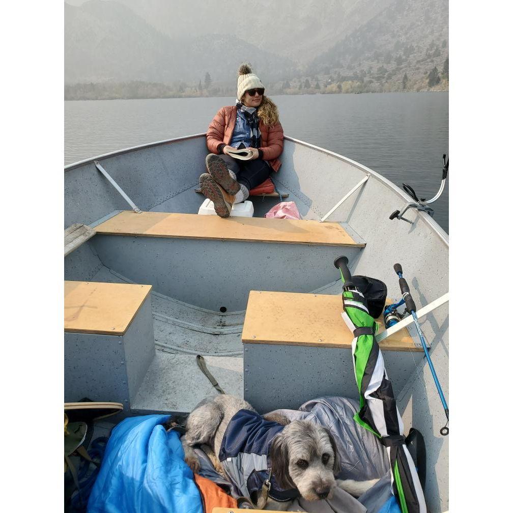 Boat riding with Oso at Convict Lake, CA, October 2021.