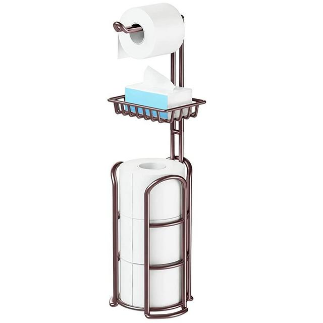 Toilet Paper Holder Stand with Reserve and Dispenser for 4 Mega Rolls, Bathroom Freestanding Toilet Tissue Paper Roll Storage with Wipes and Cell Phone Shelf, Bronze