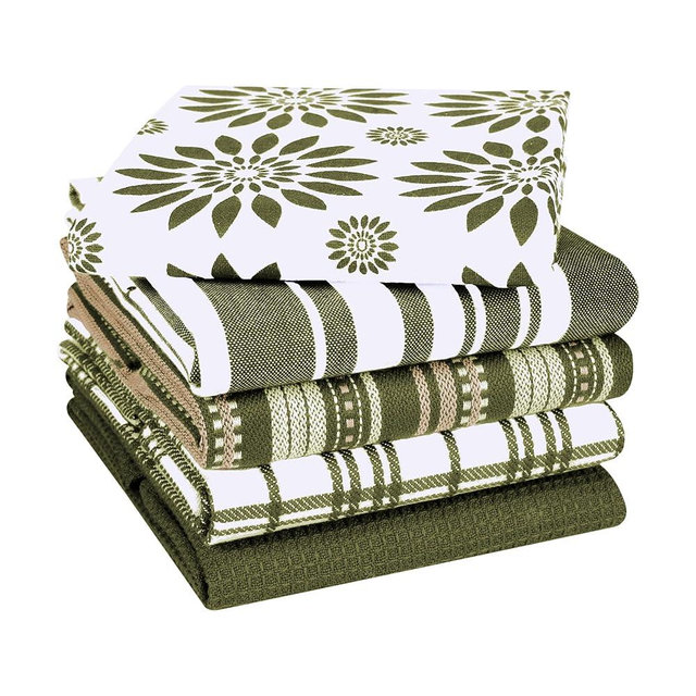 CottonCove Assorted Kitchen Towels Large 16x26 inches 100% Cotton Set of 5 - Soft Absorbent Washable Tea Towel for Kitchen - Dish Cloths with Hanging Loop - Quick Drying Dish Towels Green