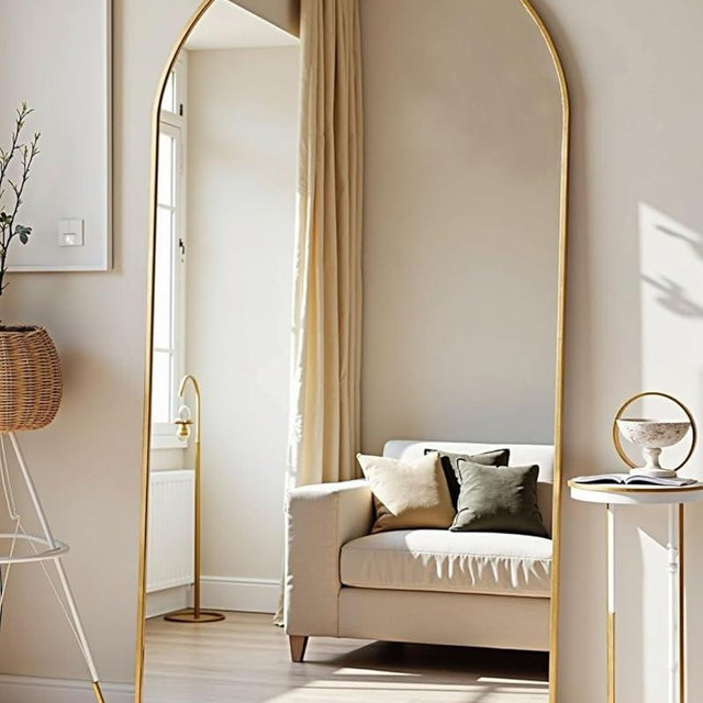 TinyTimes 78''x38'' Oversized Full Length Mirrors, Arched Floor Mirror with Stand, Full Body Large Standing Mirror/Leaning/Hanging Wall Mounted for Living Room, Bedroom, Gold