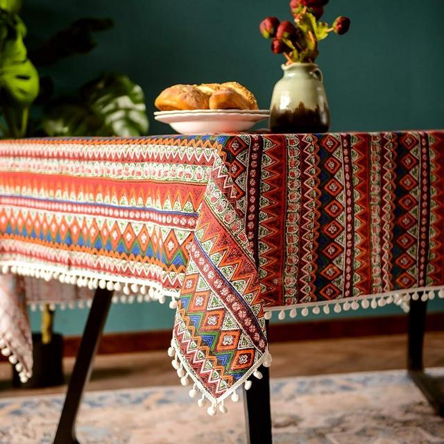 SUTAVIA Red Boho Tablecloth Pompom Tassel Table Cloths Exquisite Bohemian Table Cover Rustic Farmhouse Table Cover for Home Holiday Banquet Dining Room Decor(Red, Rectangle, 52"x70")