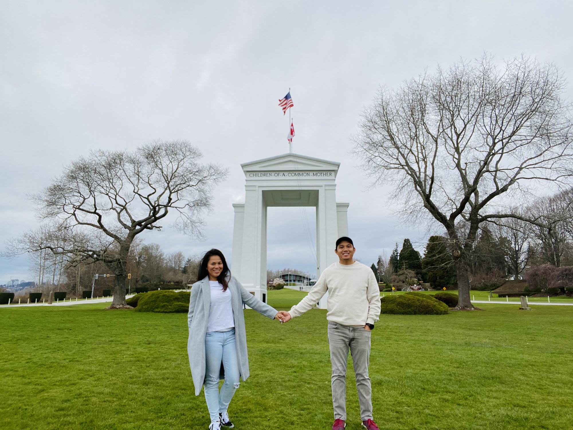 at Peace Arch (the only location that's open for US & Canadian residents to meet during COVID lockdown)...where we planned to meet up on April 2020 but sadly they closed it before we could go.