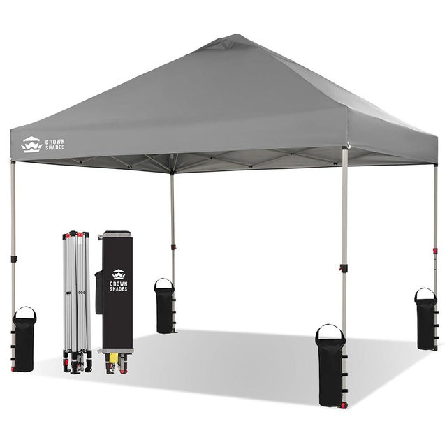 CROWN SHADES 10x10 Pop Up Canopy - Beach Tent with One Push Setup - Easy Outdoor Sun Shade Shelter for Events, Parties - Gazebo with STO-N-Go Cover Bag, Silver Coated Top,Light Gray