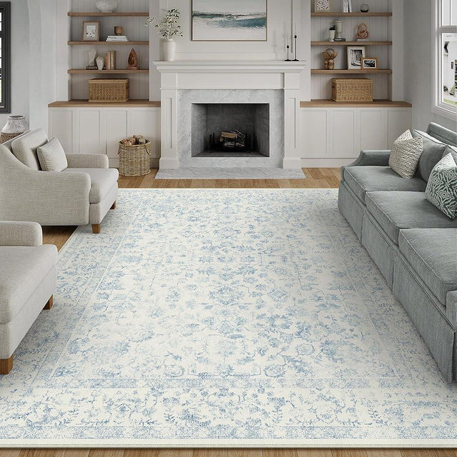 PureCozy 9x12 Blue Area Rug Non Slip Large Vintage Living Room Distressed Machine Washable Carpet Traditional Indoor Bedroom Blue Retro Floral Accent Throw Rug for Office Kitchen Dorm Dining Room