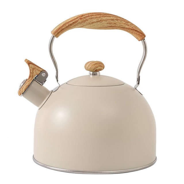 Itopfox Stovetop Tea Kettle with Whistling Feature, 2.5 Quart Capacity, Food-Grade Stainless Steel Construction, Wooden Handle, Creamy White Finish