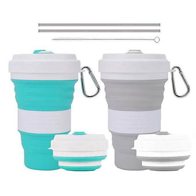 Crenics Collapsible Travel Cup - 2 Pack Silicone Folding Camping Cup Sport Bottle with Lids - Expandable Scald-Proof Drinking Cup - Portable Bottle with 2 Stainless Steel Straws and 1 Straw Brush