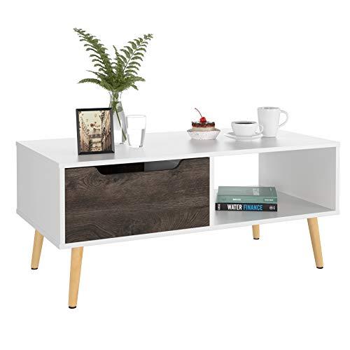 Homfa Coffee Tables for Living Room TV Stand, Entertainment Tea Sofa Table Side Table 2 Tier with Storage Shelf and 1 Drawer, Modern Furniture for Home Office, White