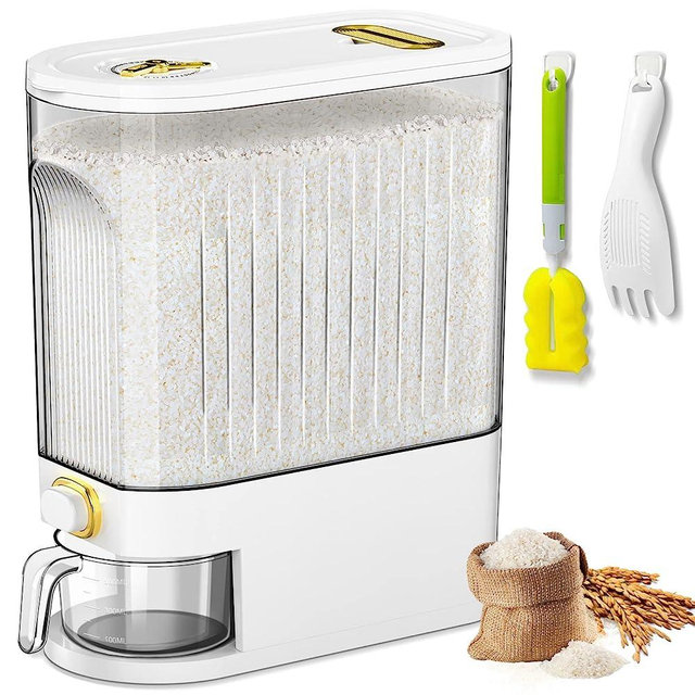 Lenwi 22 Lbs Rice Dispenser, Large Dry Food Storage Container with with Measuring Cup & Time Scale, Food Dispenser Kitchen Organization and Pantry Store for Cereal Dry Food (White)