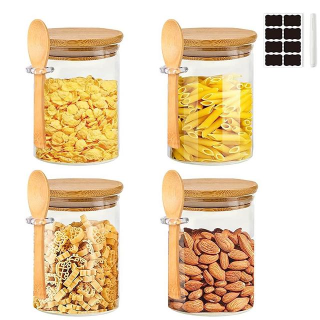 4 Pack Glass Jars with Bamboo Lid & Bamboo Spoons, 18.26 OZ Glass Food Storage Jars Borosilicate Glass Canisters for Coffee Bean, Sugar, Storage, Dry Goods, Cookie, Candy, Tea, Spices and More