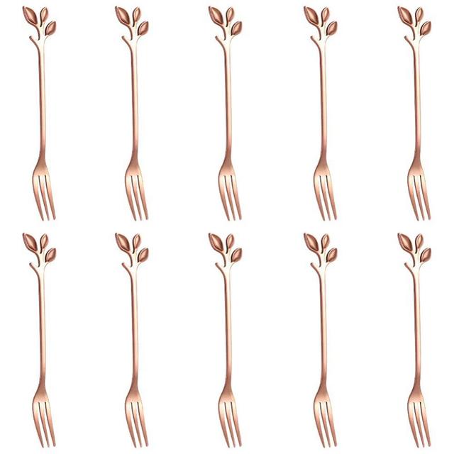 10 Pcs Stainless Steel Rose Gold Leaf Creative Appetizer Cake Fruit Forks Set 4.7 Inches Tasting Dessert Forks Kitchen Accessory Wedding Party (Rose Gold-10Forks)