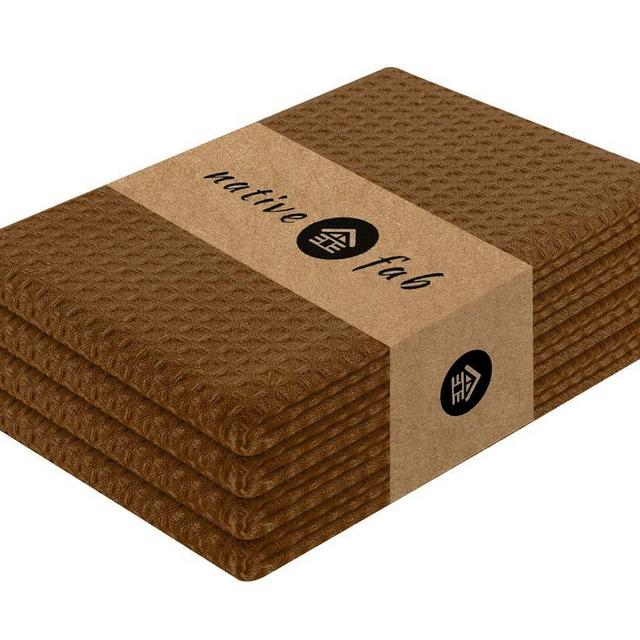 Native Fab Cotton Dish Towel 4 Pack Waffle Weave Tea Towels for Cleaning Drying, 16x26 inches, Soft & Absorbent Washcloths, Kitchen Towel with Hanging Loop, Dish Cloth Set, Brown