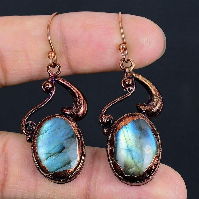 Labradorite Designer Earrings, Copper Electroformed Earrings, Natural Labradorite Healing Gemstone Earrings, Dangle Earrings, Gift For Her