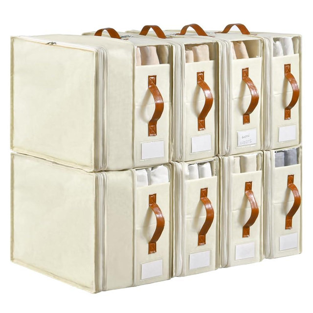 Bed Sheet Organizers and Storage, 8 Pack Linen Closet Organizers with Adjustable Zipper, Foldable Bedding Storage for Queen or King Size Bedsheets, Duvet Covers and Pillows