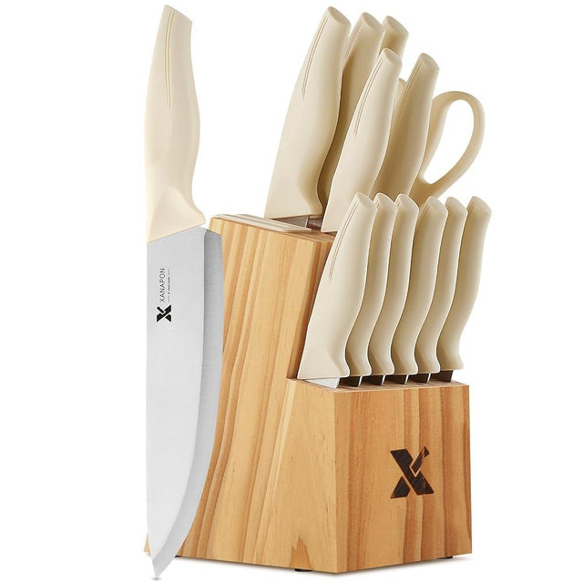 XANAPON 14-Piece Kitchen Knife Set with Block, High Carbon Stainless Steel Sharp Chef Knives with Built-in Sharpener, Ergonomic Handles, Professional Cutlery for Home Cooking & Gifts