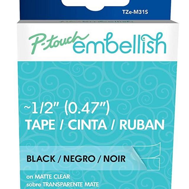 Brother P-touch Embellish Black Print on Matte Clear Tape Patterned tape TZEM31S – ~½” Wide x 13.1’ Long for use with P-touch Embellish Ribbon & Tape Printer, TZE-M31S
