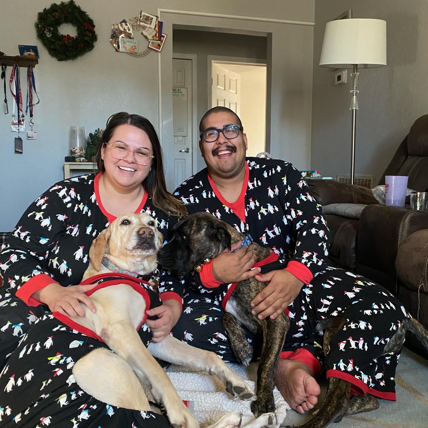 Our first Christmas with Rajah, matching pajamas for all.