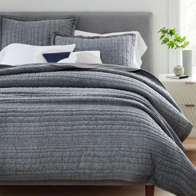 Belgian Flax Linen Melange Linework Quilt & King Sham, Slate Melange, King