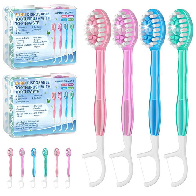 GoFujuco 5-in-1 Disposable Toothbrush with Toothpaste (70 Pack), Mini Travel Toothbrushes with Soft Bristles, Dental Floss, Toothpick & Tongue Scraper, No Water Needed, 4 Flavors
