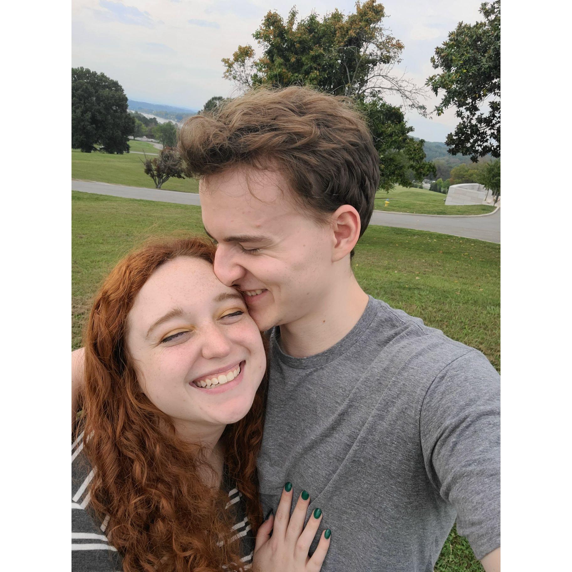 We had a picnic for our first month of dating, and brought Chick-fil-a and a giant Costco cake. October 2021