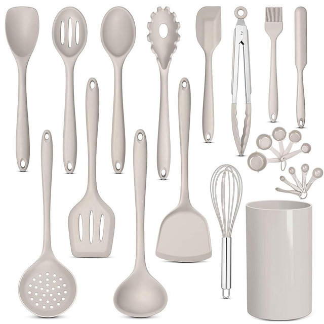 E-far Silicone Cooking Utensils Set, 24Pcs Heat Resistant Kitchen Utensil with Holder, Silicone Kitchen Tools with Spatula Turner Spoon Tongs Whisk, Non-Toxic & Dishwasher Safe (Khaki)