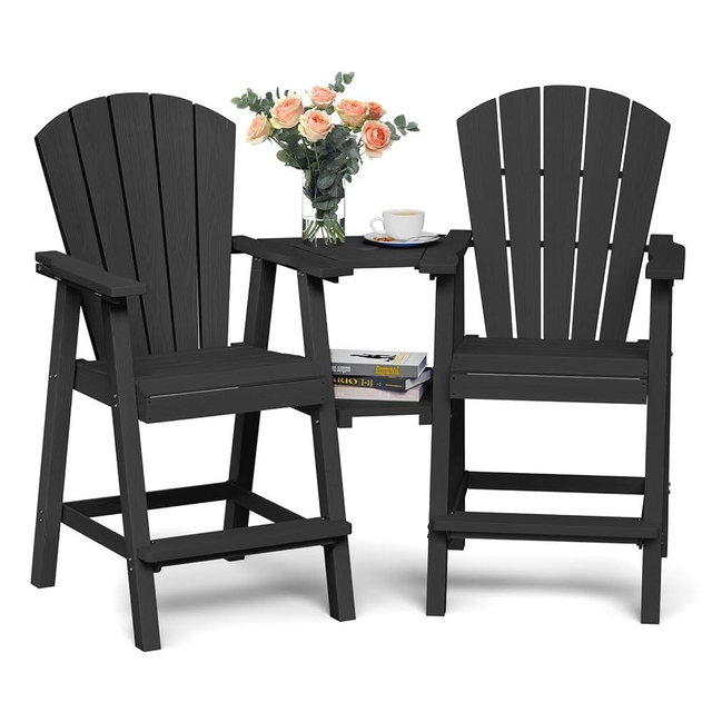 Ciokea Tall Adirondack Chairs Set of 2, HDPE Outdoor Adirondack Bar Stools with Double Connecting Tray, Weather Resistant High Back Adirondack Balcony Chairs for Deck, Lawn, Pool, Backyard, Black