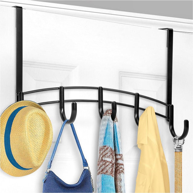 LYNK Professional® Home™ Over The Door Hooks - 5 Hook Over The Door Hanger - Over Door Coat Rack - Hanging Towels or Clothes - Bathroom, Bedroom or Laundry Room - Lifetime Ltd. Warranty – Black