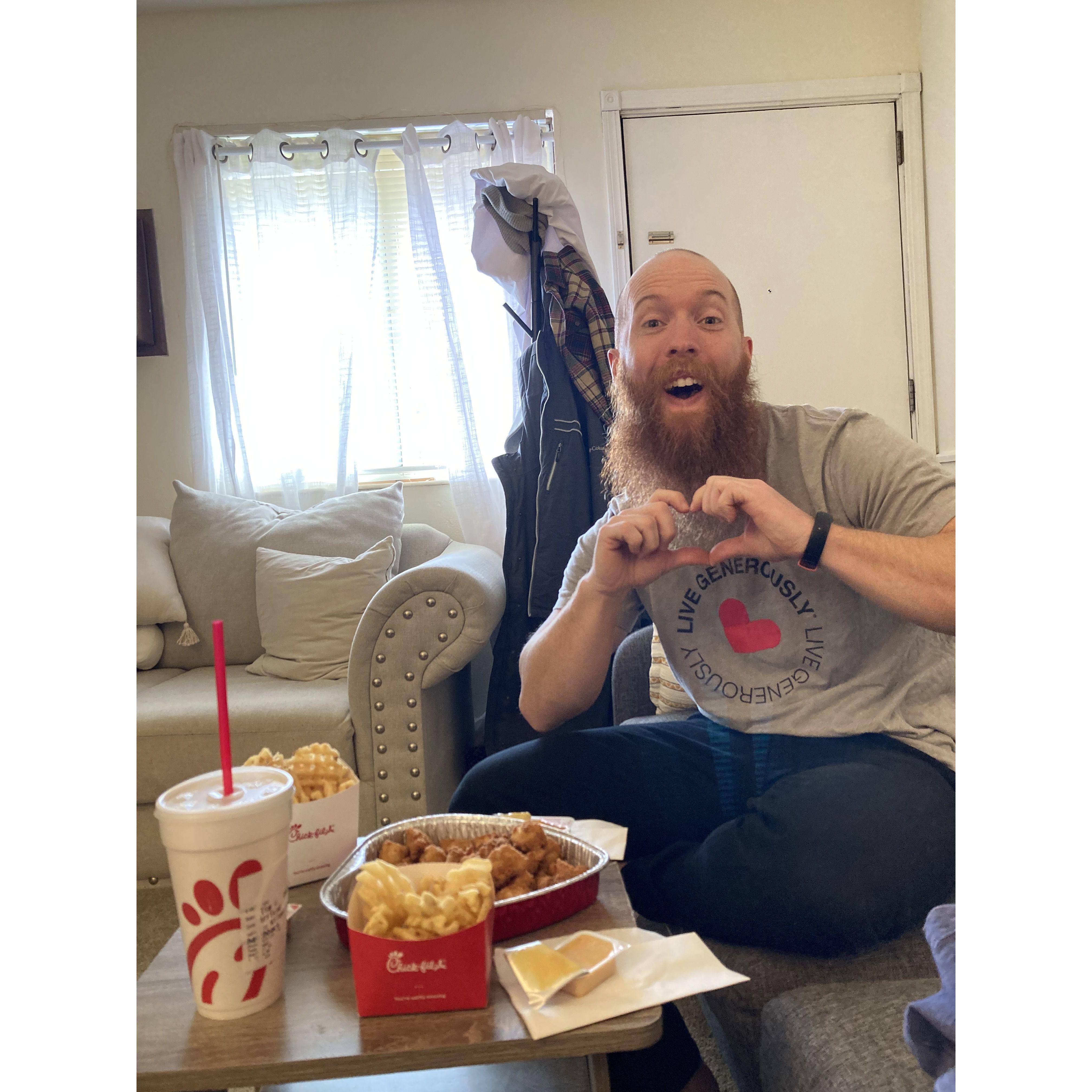 Tim brought heart-shaped Chick-fil-A for Valentine's Day!