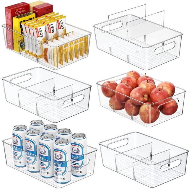 Mpotmiy Pantry Organizers and Storage Bins, 6 Pack Clear Plastic Storage Bins with Divider - Kitchen organizer, Fridge organizer, Cabinet organizer, Snack Organizer, Drawer Organizer