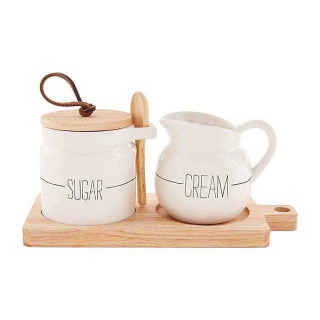 Mud Pie Bistro Sugar And Creamer Set, Board 3 1/2" x 8" 3 1/2" x 3" Dia 3 1/4" x 2 3/4" Dia | Spoon 3 1/4", White