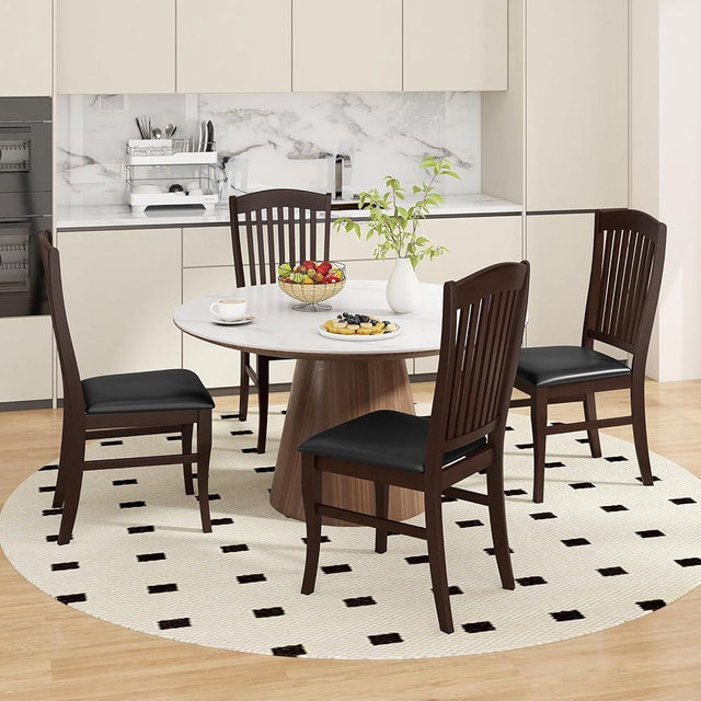 Giantex Wooden Dining Chairs Set of 4, PU Leather Upholstered Kitchen Side Chair, Rubber Wood Frame & Slatted High Backrest, Mid-Century Armless Dinette Chairs for Restaurant, Living Room