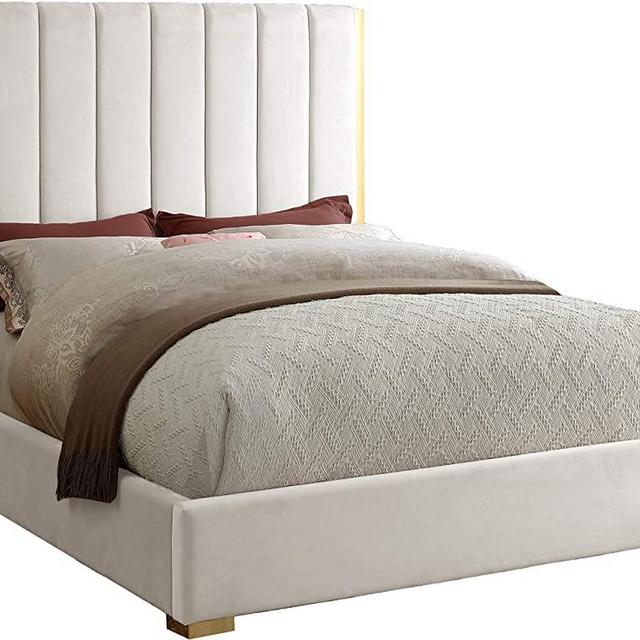 Meridian Furniture Becca Collection Modern | Contemporary Velvet Upholstered Bed with Deep Channel Tufting and Polished Gold Metal Frame, Cream, King