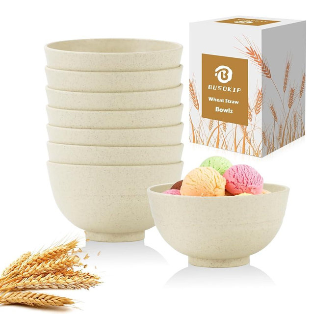 BUSOKIP Beige Wheat Straw Bowls, 10 OZ Snack Bowls Set of 8, Unbreakable Ice Cream Bowls, Alternative Plastic Bowls Reusable, Microwave Safe Small Appetizer Bowls for Dessert, Snack (Beige)