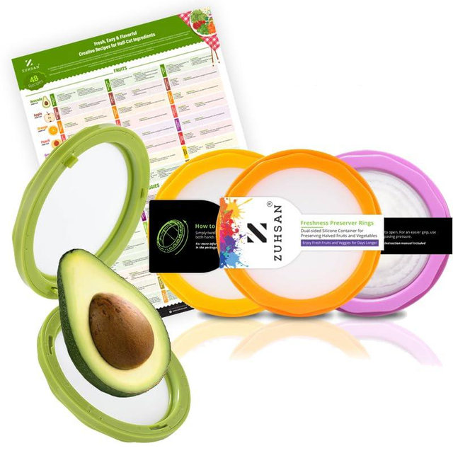 ZUHSAN Dual-Sided Fruit and Vegetable Anti-Oxidation Storage Box – Set of 4 silicone food storage containers Avocado Saver Onion Saver – Airtight silicone fruit covers Recipe Chart Included