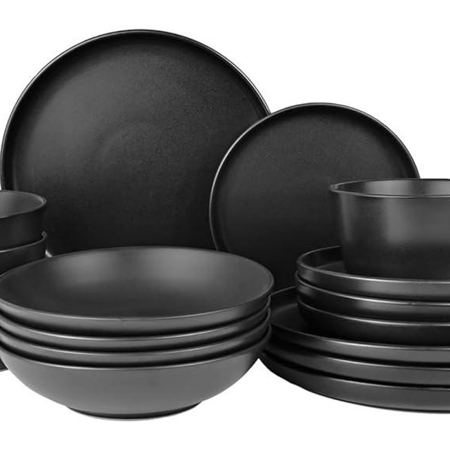 WEEILUOQ 16 Pieces Ceramic Dinnerware set,Plates and Bowls Sets for 4,Black Dinnerware Set for Kitchen, Modern Design Plate Sets with Black Rim, Microwave and Dishwasher Safe