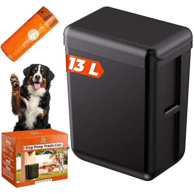 PEXTER Dog Poop Trash Can Outside - Wall Mounted Dog Waste Trash Can - Outdoor Dog Poop Trash Can - 2 Size Options 13L or 8L (3.5/2.1 Gal) - Includes 15 Heavy Duty Bags - (Black)