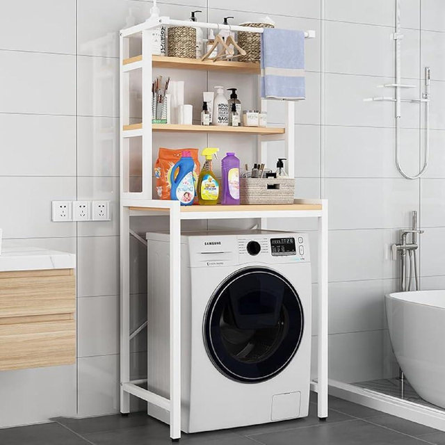 HOLMZCED 3 Tier Wooden Over The Washer and Dryer Storage Shelf, Bathroom Shelf Washing Machine Storage Shelves Utility Rack Freestanding Laundry Drying Rack Heavy Duty for Bathroom