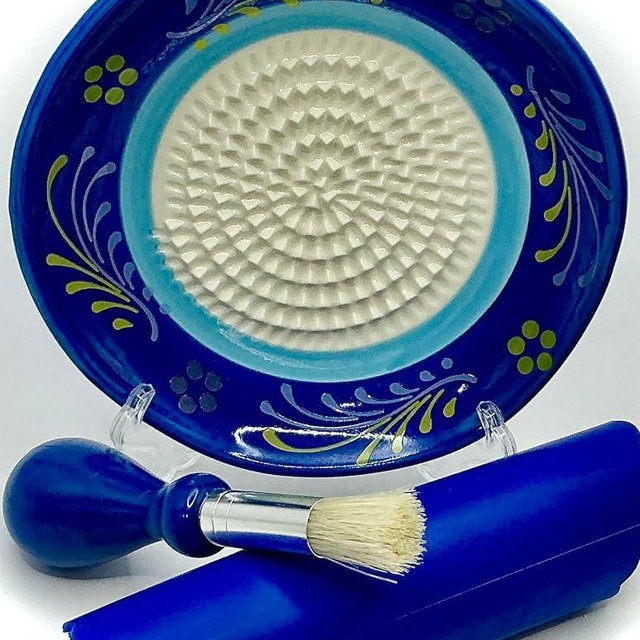 BonCera, All-in-one Premium Ceramic Garlic Grater Plate 4-Piece Set - Double Blue Circle Flower Design - For Garlic, Ginger, Chocolate, and more! - Comes with 5" Plate, Peeler, Brush, and Stand