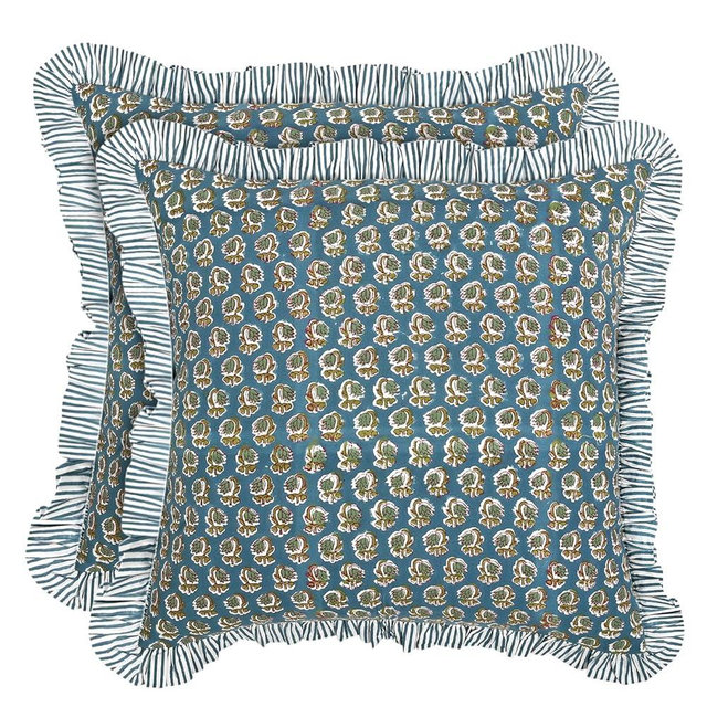 Ridhi Block Print Peacock Blue Throw Pillow Cover 16" x 16" (Pack of 2) Decorative Cushion Covers with Ruffle for Couch, Sofa, Bed, Living Room, Home Decor Gift for Spring, Easter, Valentine