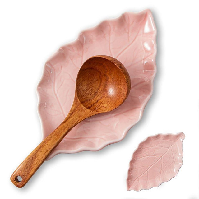 YumiPLUS Ceramic Leaf Shape Spoon Rest for cooking, Cute Pink Cooking Spoon Holder for Stove Top,Large Porcelain Spatula Rest for Kitchen Counter, Farmhouse Kitchen Decor,1pc (pink)