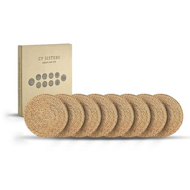 CY SISTERS 14Inch Woven Placemats for Dining Table Set of 8 Wicker Placemats Rustic Table Mats Water Hyacinth Round Placemats Set of 8 Wedding Boho Placemat Farmhouse Placemats Jute Circle Placemats