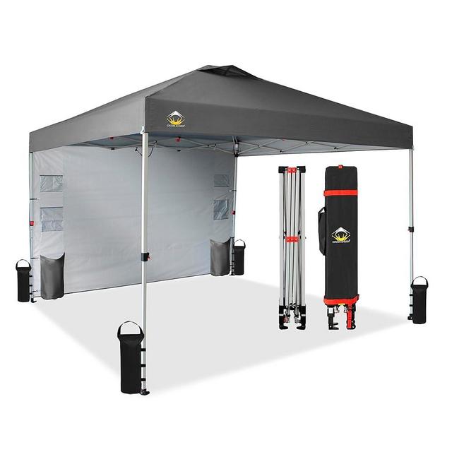 CROWN SHADES 10x10 Pop up Canopy Instant Canopy with 1 Removable Sidewall,4 Ropes & 8 Stakes & 4 Weight Bags, STO'N and Go Bag, Grey - with Organizer Pockets