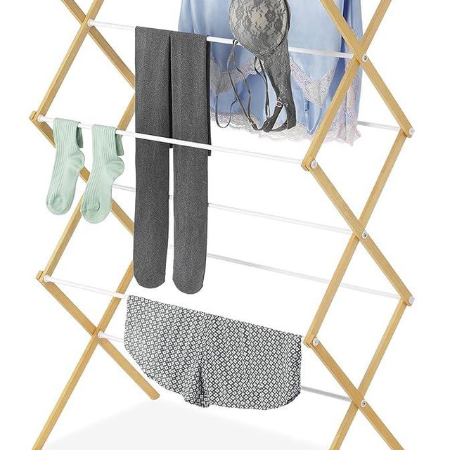 Whitmor Foldable Clothes Drying Rack: 3 Tier Laundry Drying Rack, Collapsible Drying Rack Clothing, Portable Space Saving Clothing Rack for Indoor Outdoor, 17.0“ L x 29.5” W x 43.5“ H, Wood