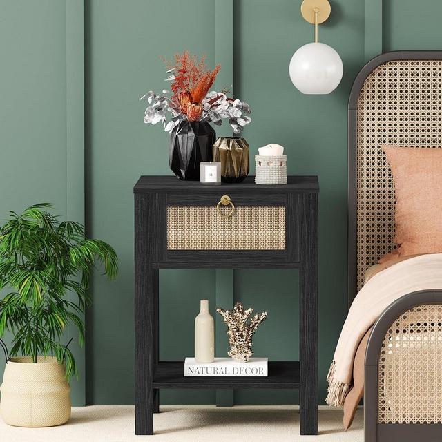 SICOTAS Black Rattan Nightstand - Rattan Decor Drawer with Brass Knobs Night Stand Natural Wood Bedside Table Boho End Table Side Table with Storage Shelf