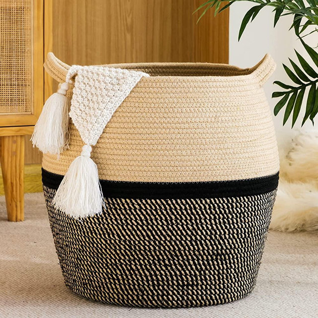 KAKAMAY Woven Baskets for Storage(17"x17"),Large Cotton Rope Basket Woven Baby Laundry Hamper,Collapsible Laundry Basket, Blanket Basket for Organizing Living Room,Nursery,Clothes,Toy chest (Black)