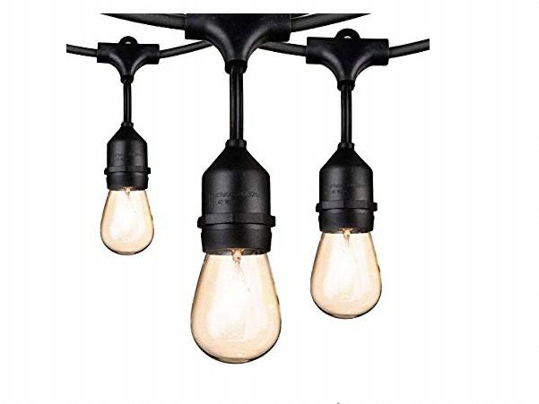 Outdoor String Lights 48Ft Edison Vintage Commercial Grade Lights with 15xE26 Base Sockets & S14 Bulbs, Weatherproof Connectable Strand for Porch Garden Deck Backyard Cafe Bar Wedding Party, Black