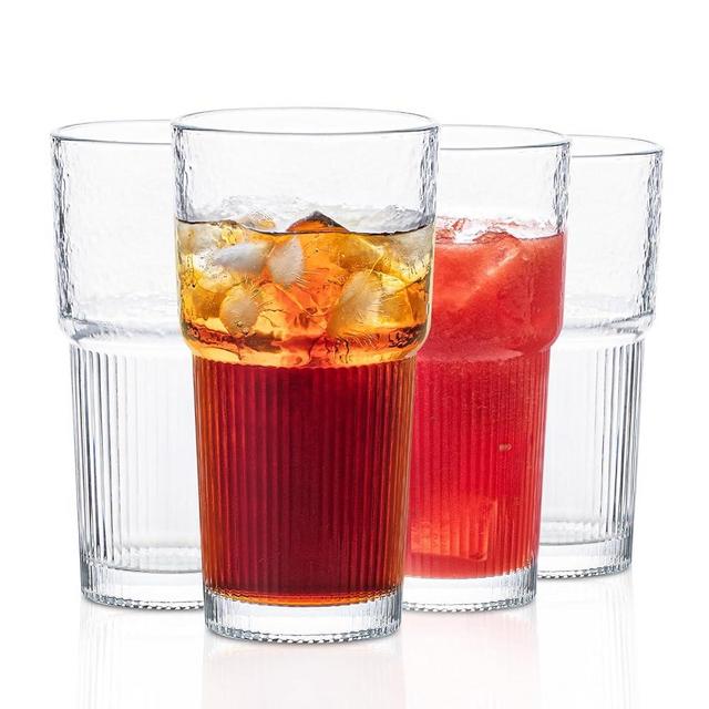 20oz Glass Tumblers Set of 4 - Stylish Ribbed Design Drinking Glasses for Iced Coffee Cups, Juice, Smoothies, Cold Beverages, Durable Glassware for Everyday Use and Special Occasions
