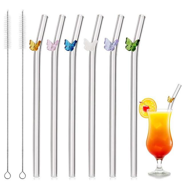 Snowfall Butterfly Glass Straws, 6 Pack Cute Short Clear Glass Straw with Charms for Kid and Women, Reusable Bent Straws Dishwasher Safe, 7.6''x6 mm (Butterflies)